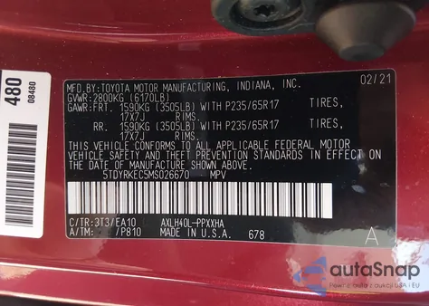 2021 Toyota Sienna Xle z USA, uszkodzony, nr VIN 5TDYRKEC5MS026670